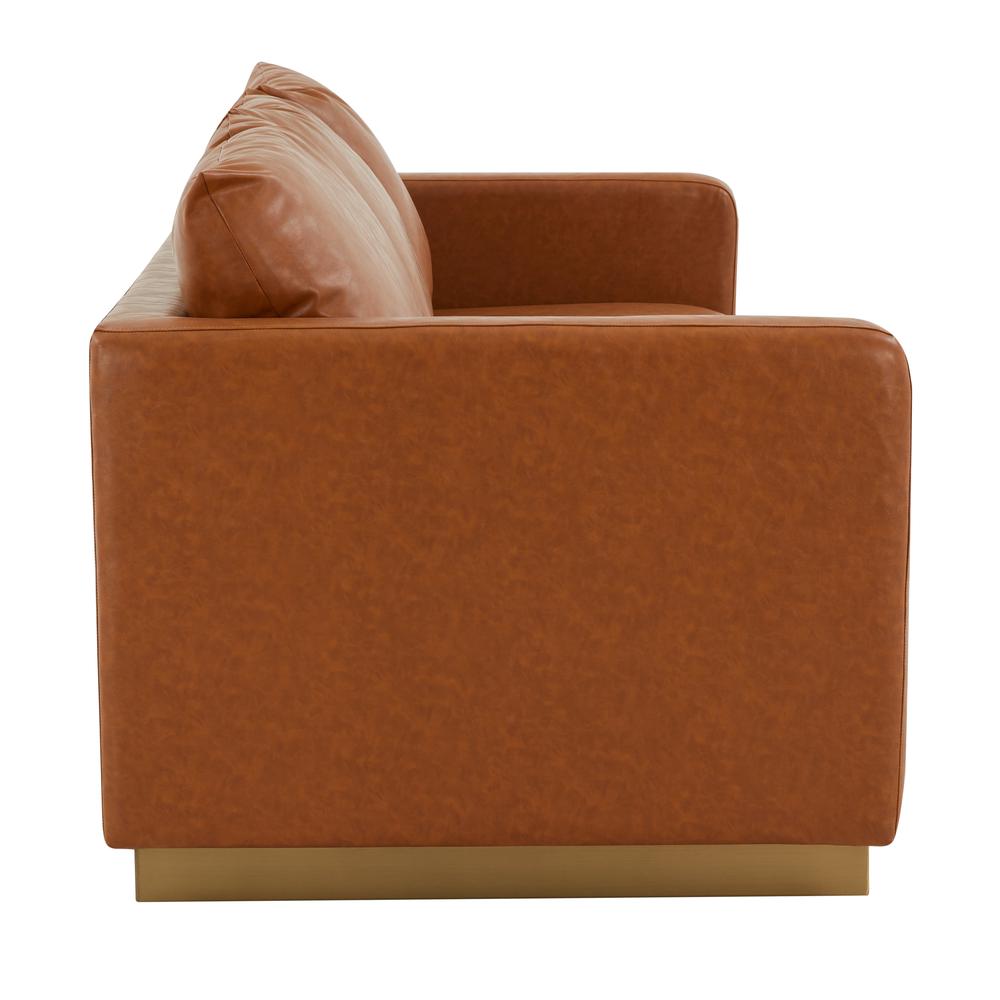LeisureMod Nervo Modern Mid-Century Upholstered Leather Sofa with Gold Frame, Cognac Tan. Picture 4