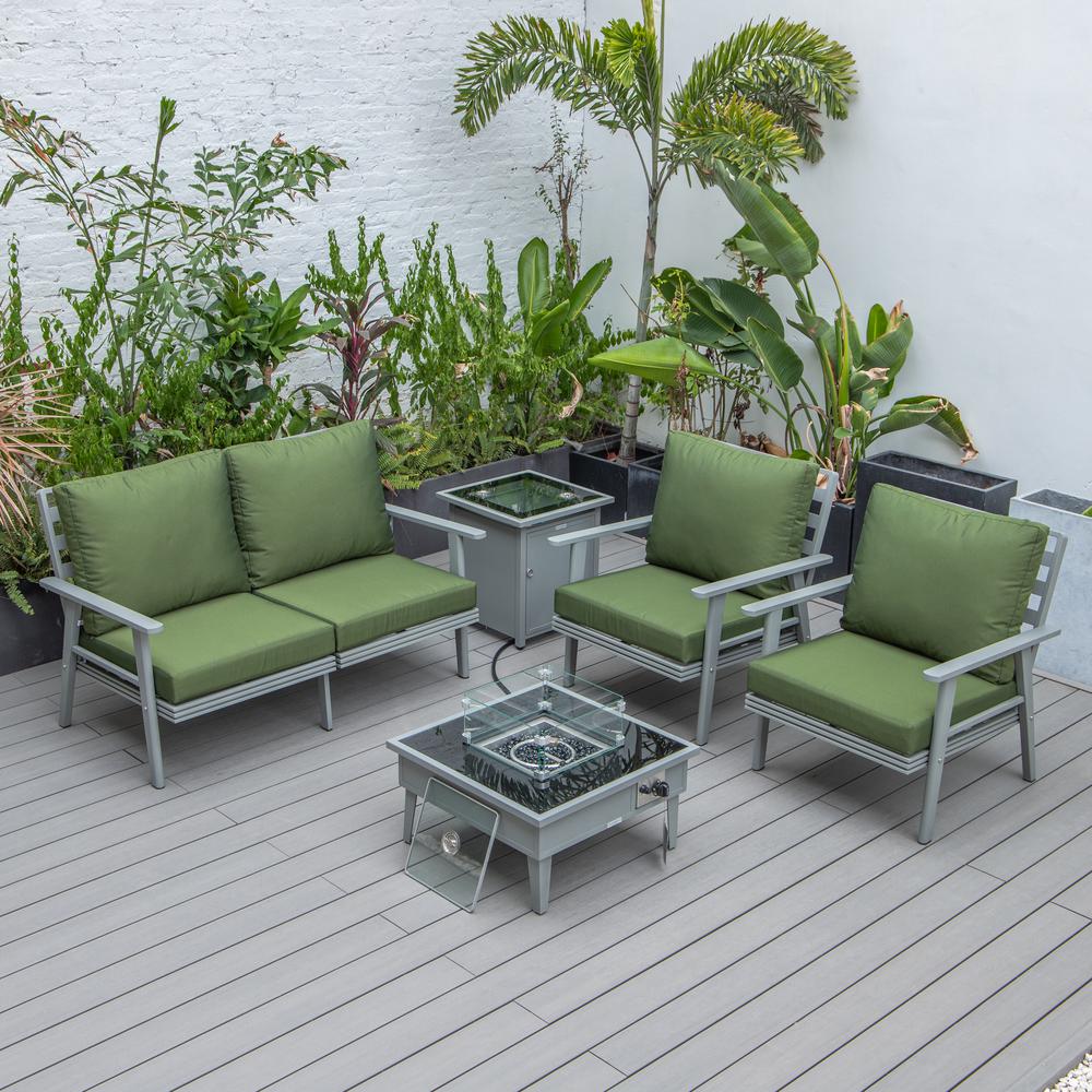 LeisureMod Walbrooke Modern Grey Patio Conversation With Square Fire Pit & Tank Holder, Green. Picture 7