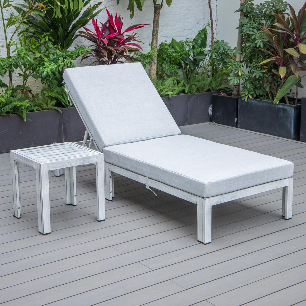 Outdoor Weathered Grey Chaise Lounge Chair With Side Table & Cushions. Picture 9