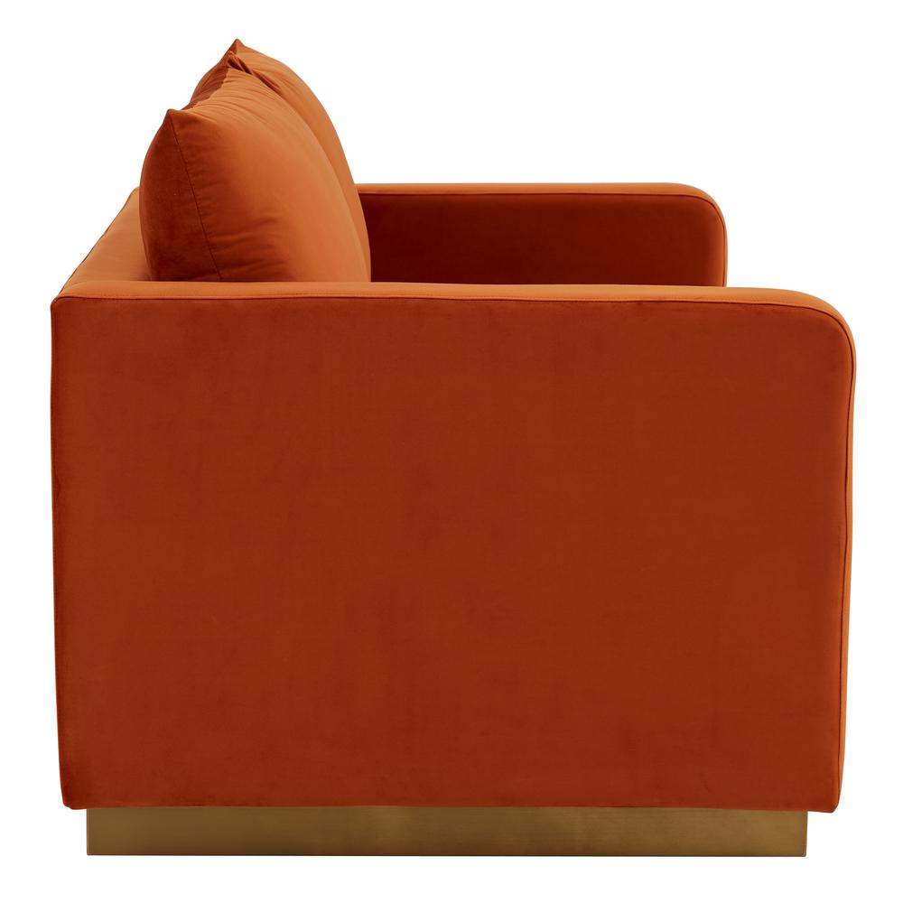 LeisureMod Nervo Modern Mid-Century Upholstered Velvet Loveseat with Gold Frame, Orange Marmalade. Picture 4
