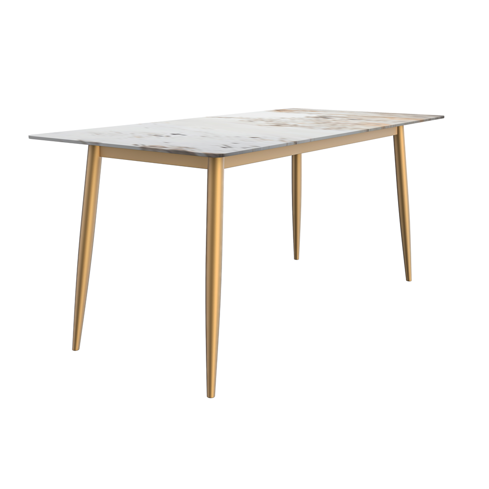 Modern Dining Table Brushed Gold Base, With 71 White Grey Sintered Stone Top. Picture 1