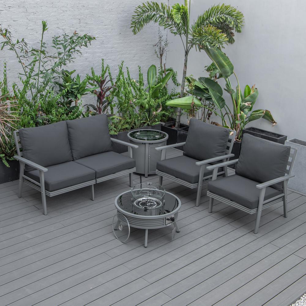 LeisureMod Walbrooke Modern Grey Patio Conversation With Round Fire Pit With Slats Design & Tank Holder, Charcoal. Picture 7