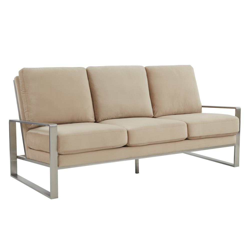 LeisureMod Jefferson Contemporary Modern Design Velvet Sofa With Silver Frame, Beige. Picture 1
