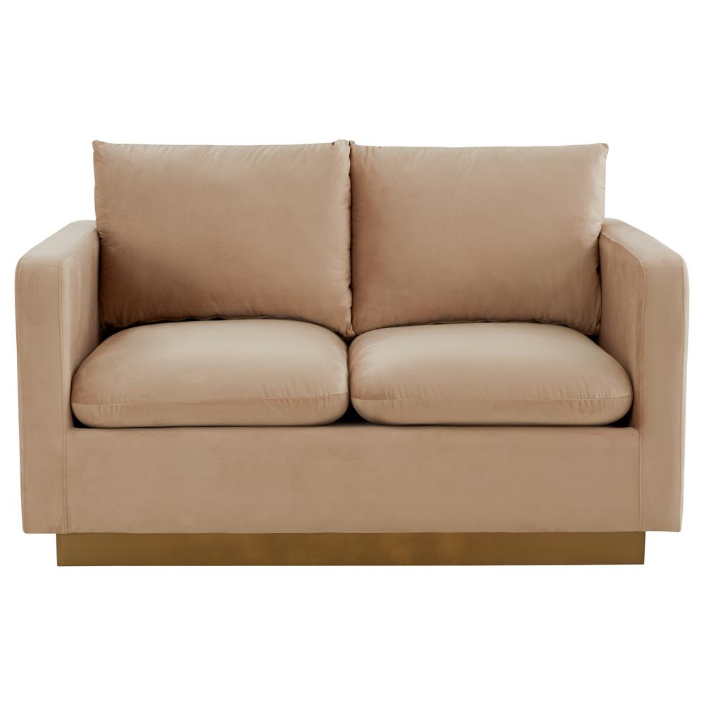 LeisureMod Nervo Modern Mid-Century Upholstered Velvet Loveseat with Gold Frame, Beige. Picture 2