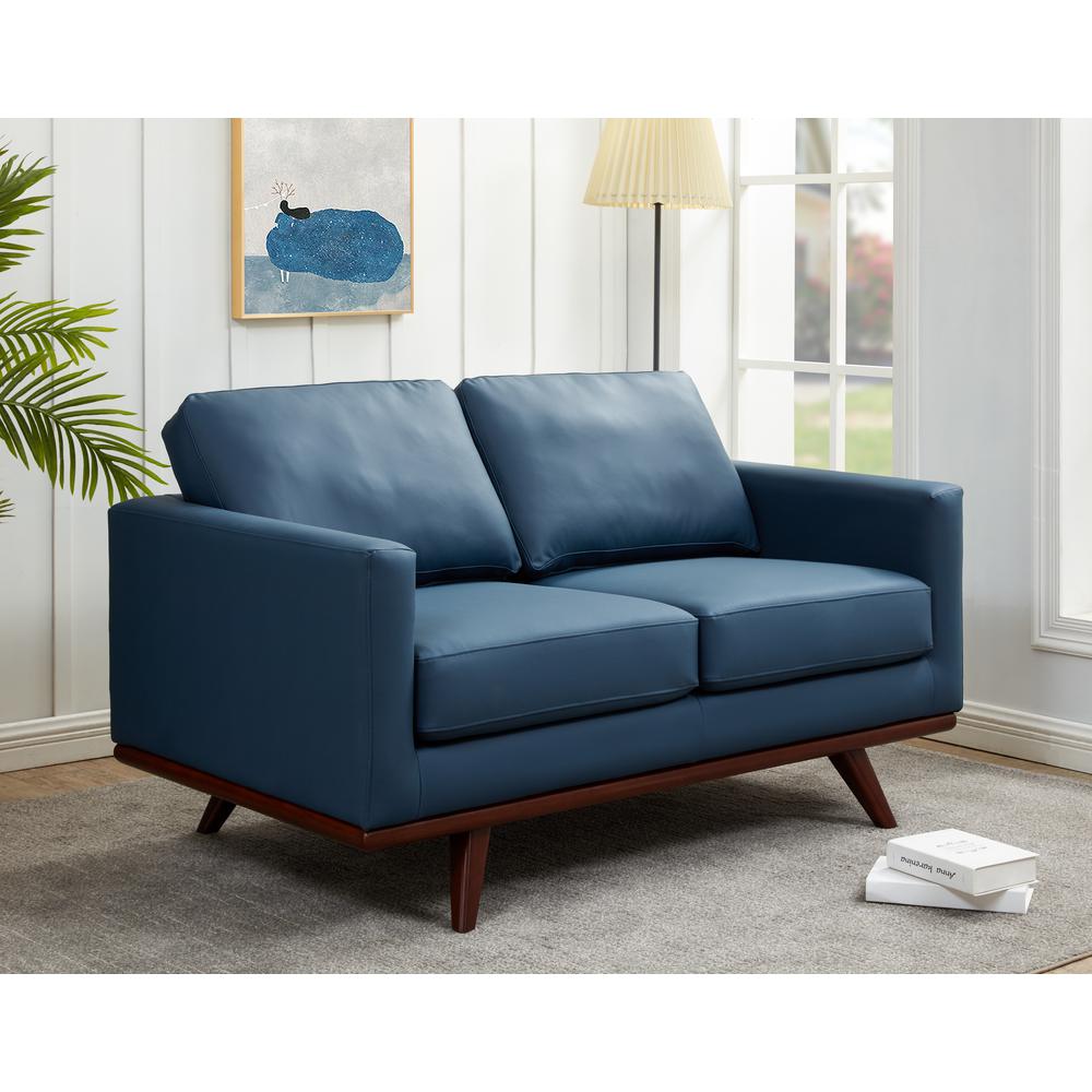 LeisureMod Chester Modern Leather Loveseat With Birch Wood Base, Navy Blue. Picture 2