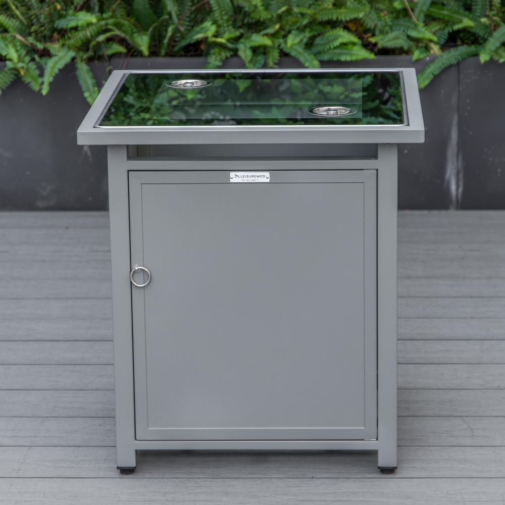 LeisureMod Walbrooke Modern Grey Patio Conversation With Square Fire Pit & Tank Holder, Light Grey. Picture 2