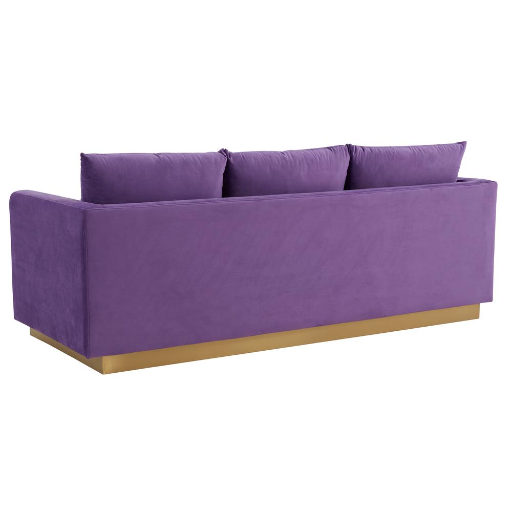 LeisureMod Nervo Modern Mid-Century Upholstered Velvet Sofa with Gold Frame, Purple. Picture 2