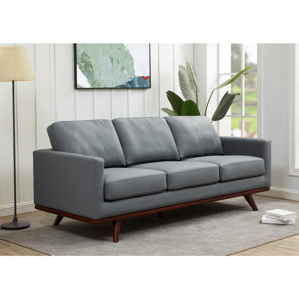 LeisureMod Chester Modern Leather Sofa With Birch Wood Base, Grey. Picture 2