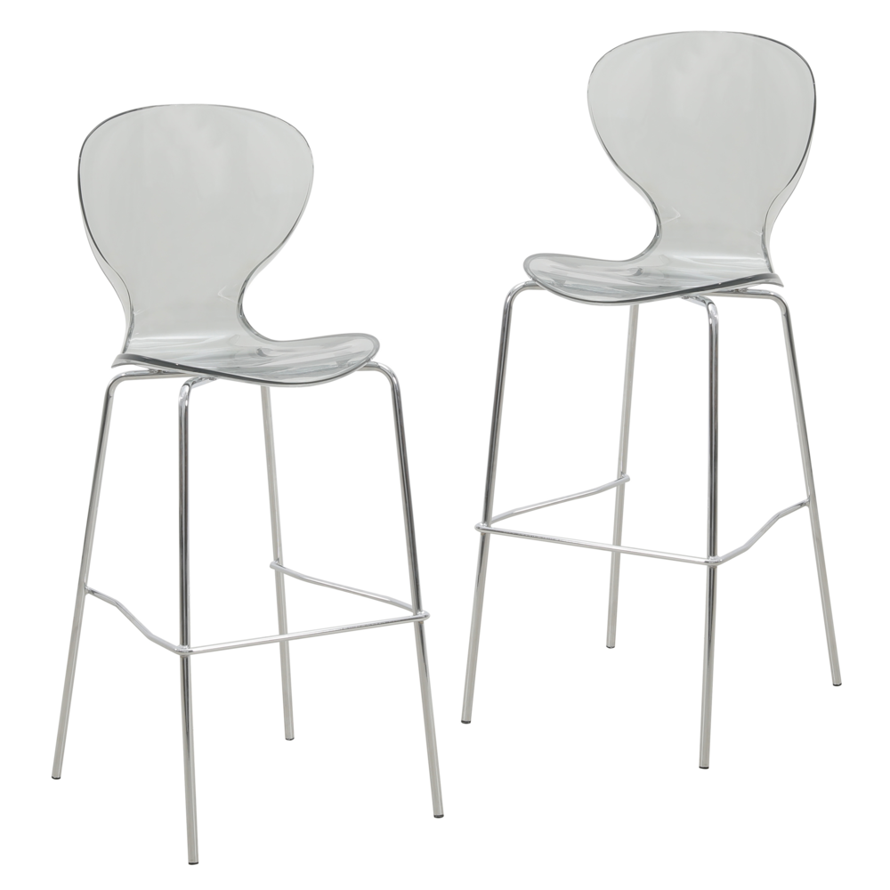 Oyster Acrylic Barstool with Steel Frame in Chrome Finish Set of 2 in Smoke. Picture 2