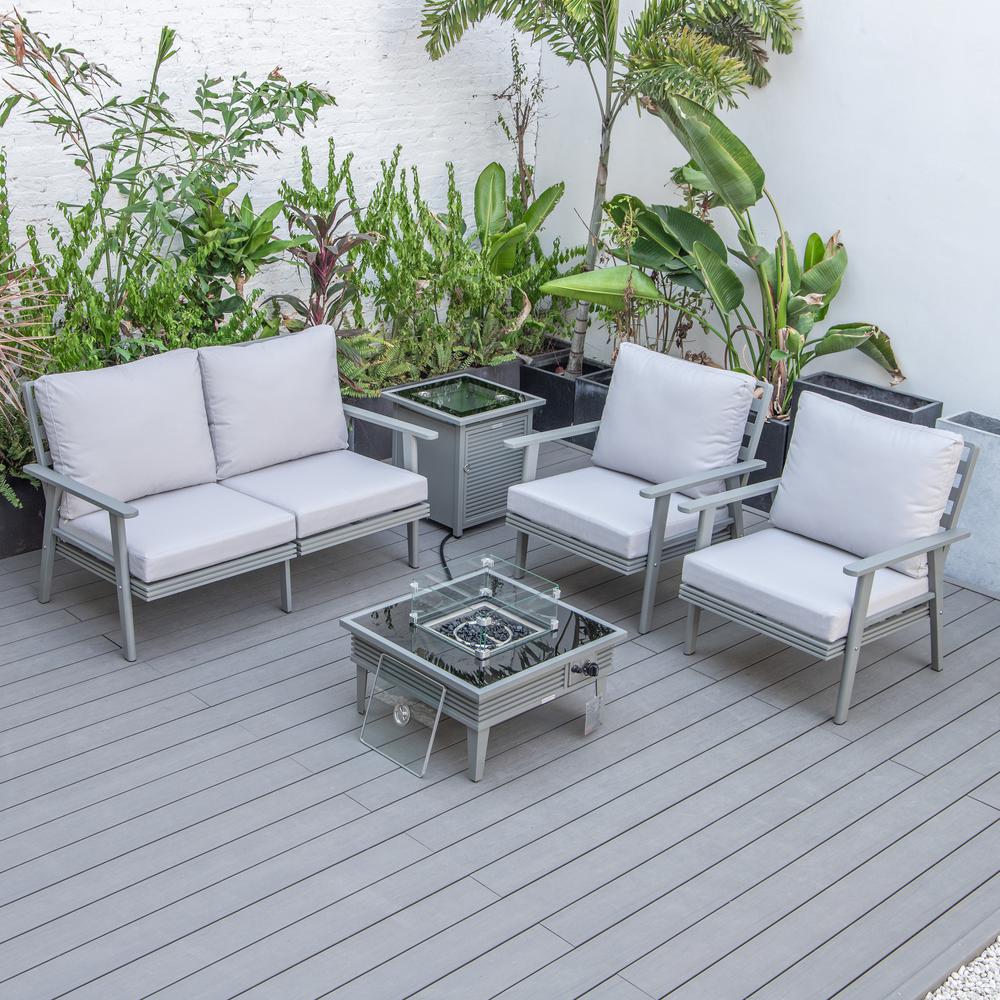LeisureMod Walbrooke Modern Grey Patio Conversation With Square Fire Pit With Slats Design & Tank Holder, Light Grey. Picture 7