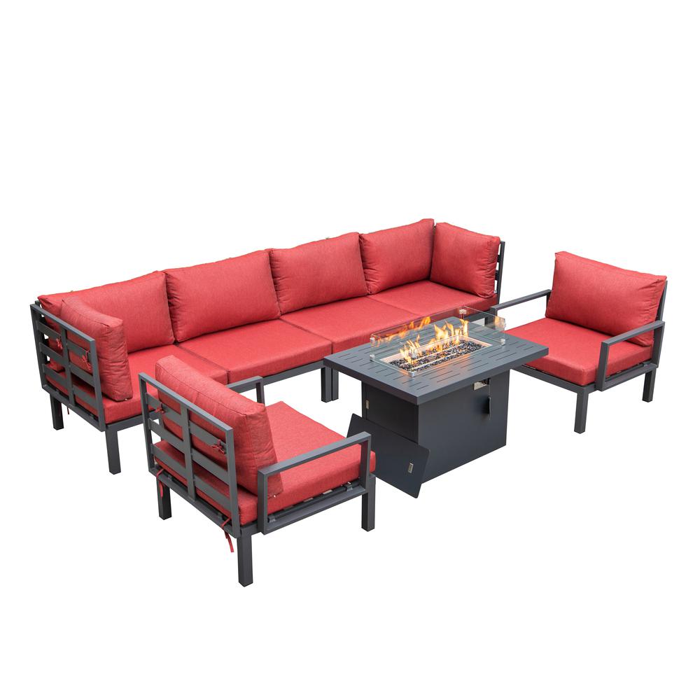 LeisureMod Hamilton 7-Piece Aluminum Patio Conversation Set With Fire Pit Table And Cushions Red. Picture 1
