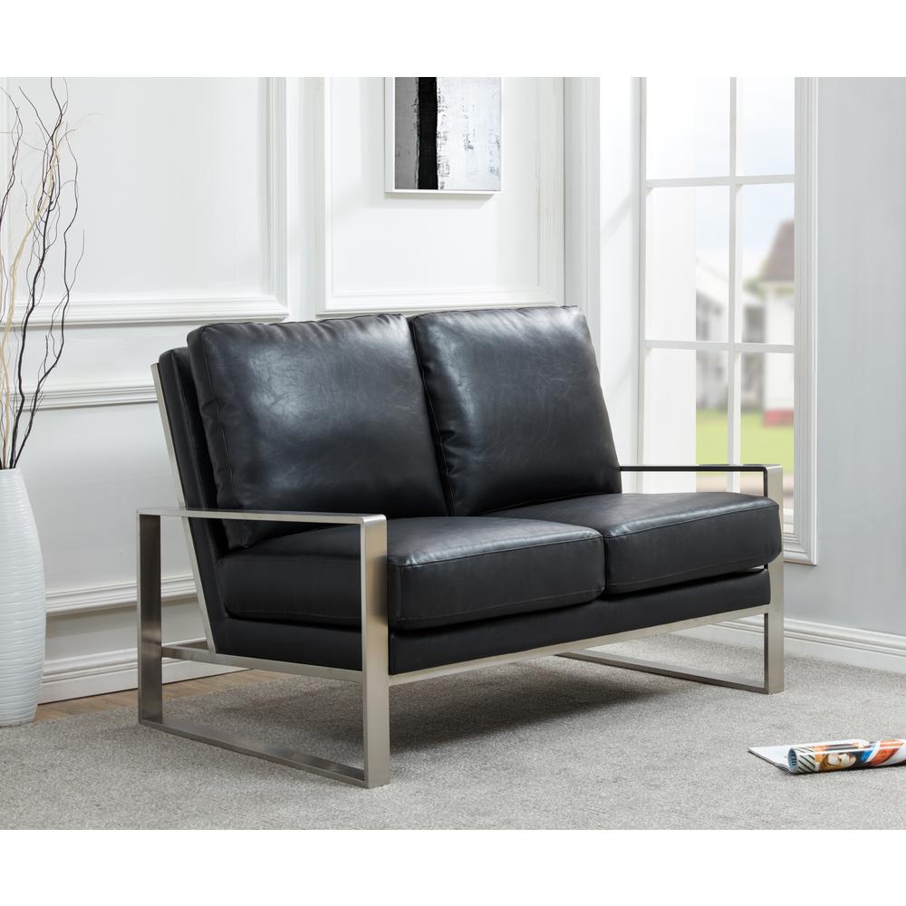 Leisuremod Jefferson Contemporary Modern Faux Leather Loveseat With Silver Frame, Black. Picture 5