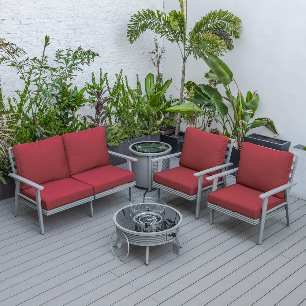 LeisureMod Walbrooke Modern Grey Patio Conversation With Round Fire Pit With Slats Design & Tank Holder, Red. Picture 9
