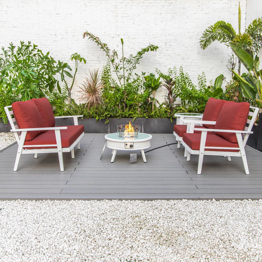 LeisureMod Walbrooke Modern White Patio Conversation With Round Fire Pit With Slats Design & Tank Holder, Red. Picture 9