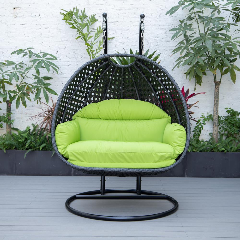 LeisureMod MendozaWicker Hanging 2 person Egg Swing Chair in Light Green. Picture 8