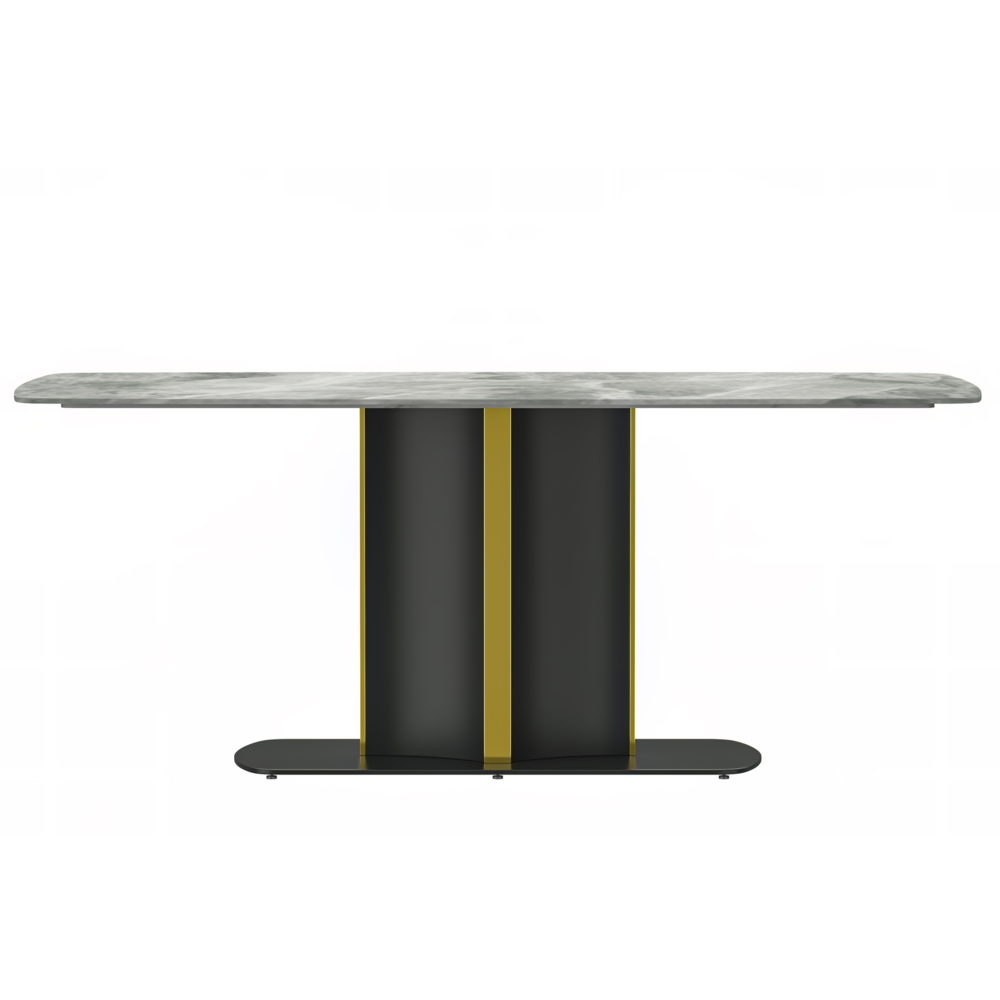 Modern Dining Table Black and Gold Base, With 55 Light Grey Sintered Stone Top. Picture 3