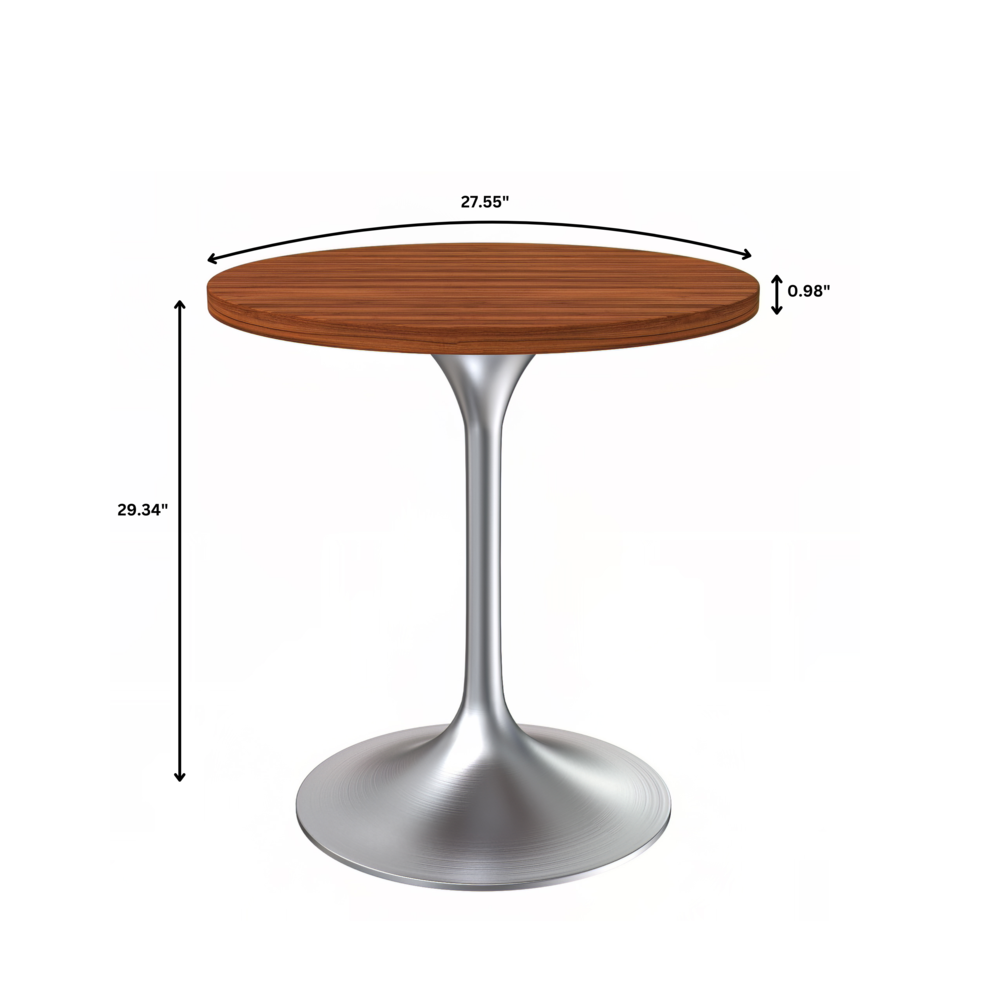 Verve 27" Round Dining Table, Brushed Chrome Base with Cognac Brown MDF Top. Picture 8