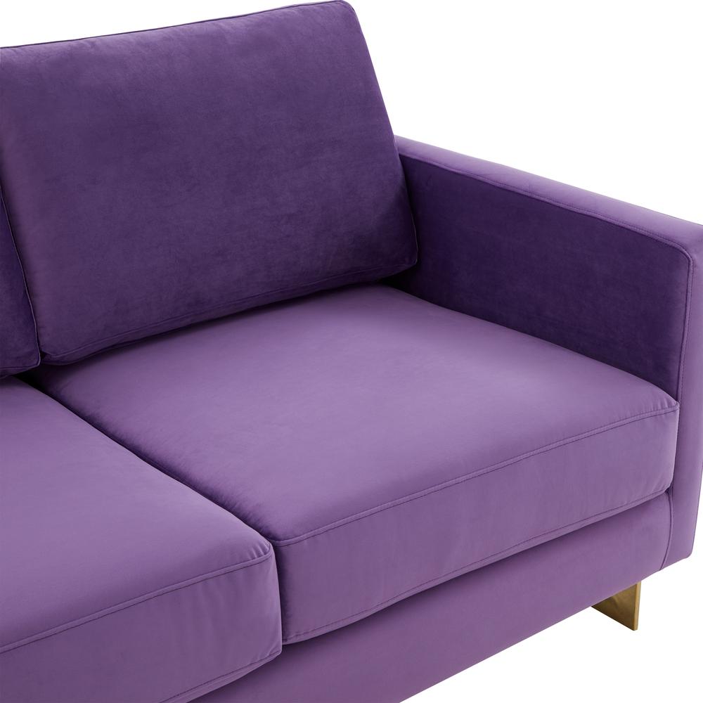 LeisureMod Lincoln Modern Mid-Century Upholstered Velvet Loveseat with Gold Frame, Purple. Picture 6