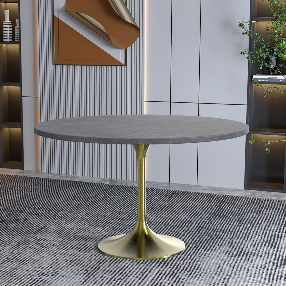 48 Round Dining Table, Brushed Gold Base with Sintered Stone Grey Top. Picture 5