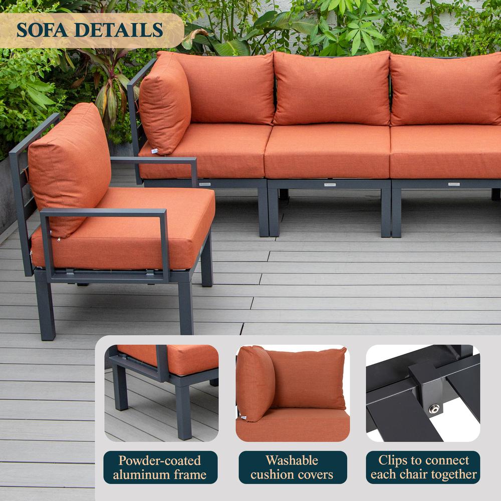 LeisureMod Chelsea 6-Piece Patio Sectional Black Aluminum With Cushions in Orange. Picture 30