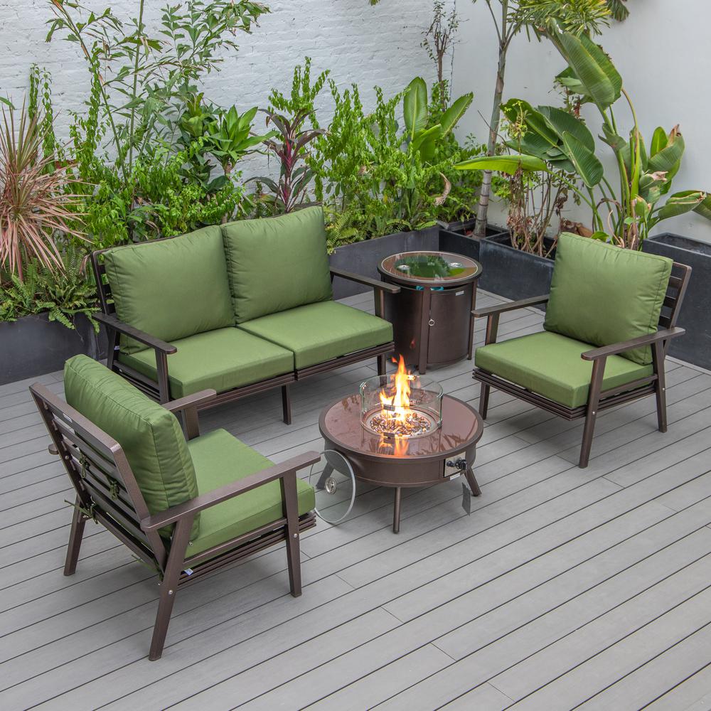 LeisureMod Walbrooke Modern Brown Patio Conversation With Round Fire Pit & Tank Holder, Green. Picture 1