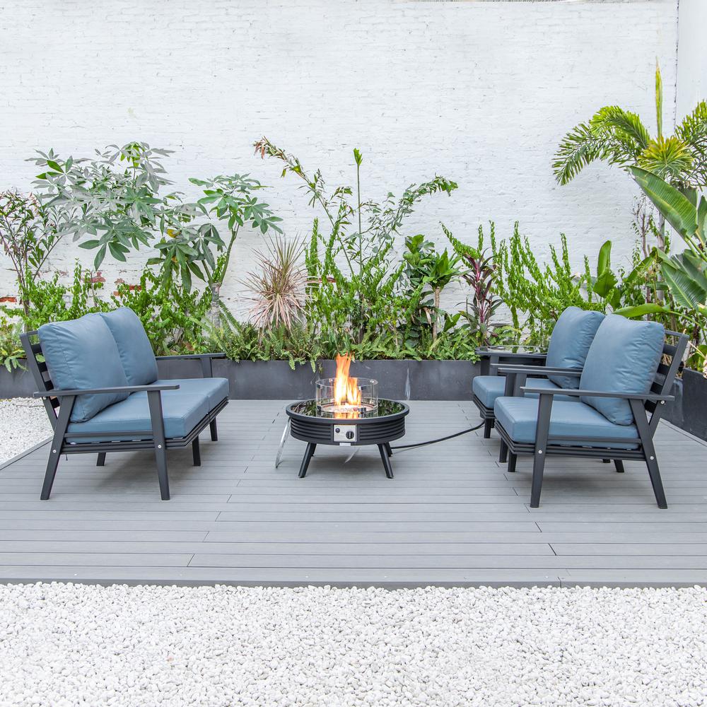 LeisureMod Walbrooke Modern Black Patio Conversation With Round Fire Pit With Slats Design & Tank Holder, Navy Blue. Picture 8