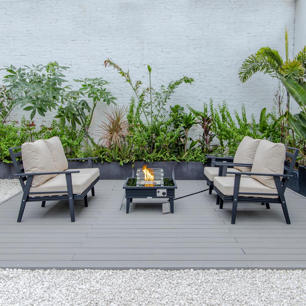 LeisureMod Walbrooke Modern Black Patio Conversation With Square Fire Pit With Slats Design & Tank Holder, Beige. Picture 4