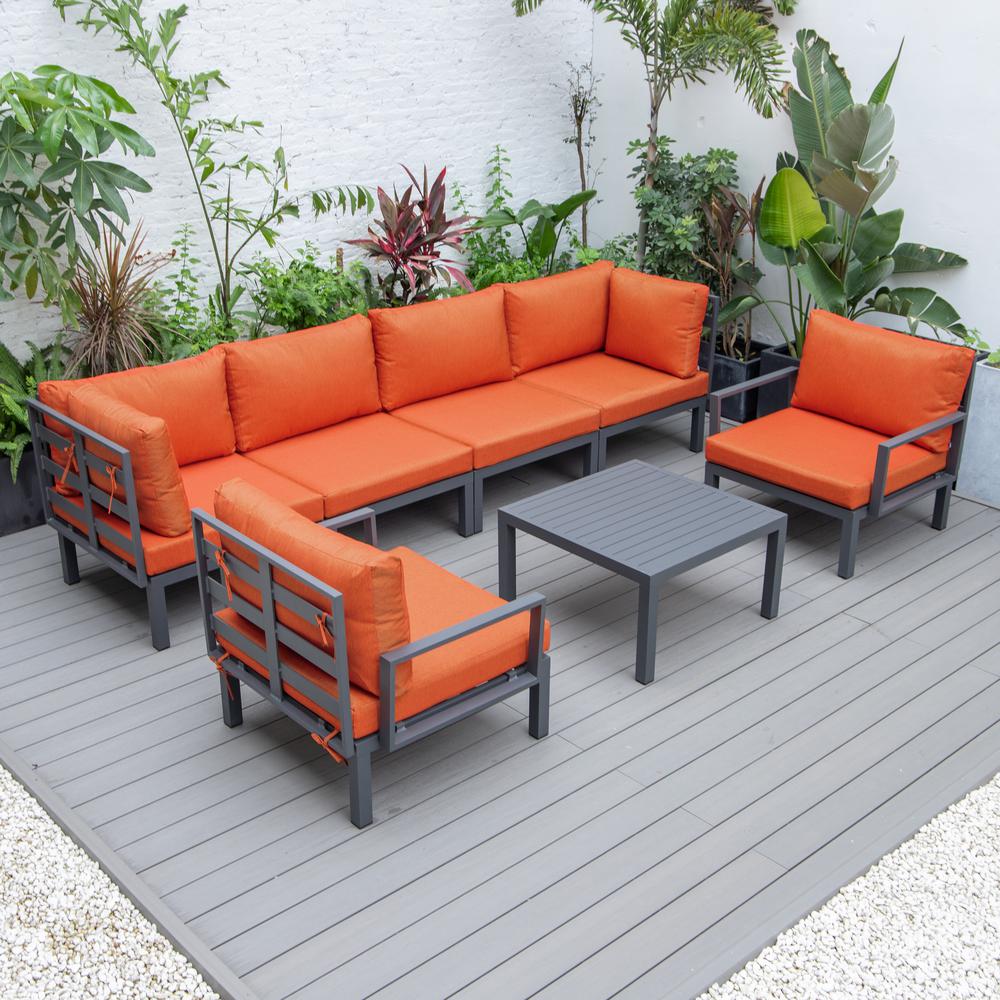 LeisureMod Hamilton 7-Piece Aluminum Patio Conversation Set With Coffee Table And Cushions Orange. Picture 2