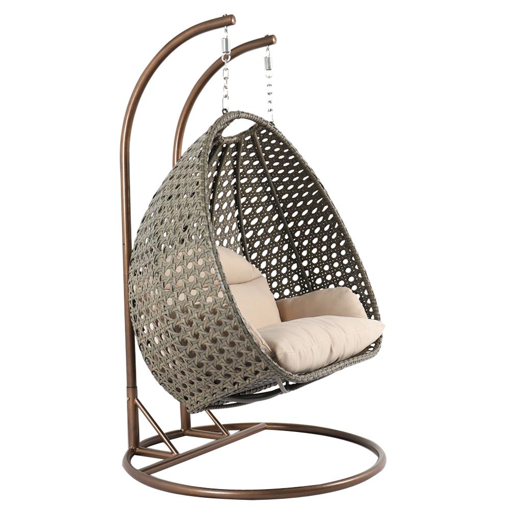 Beige Wicker Hanging 2 person Egg Swing Chair. Picture 2