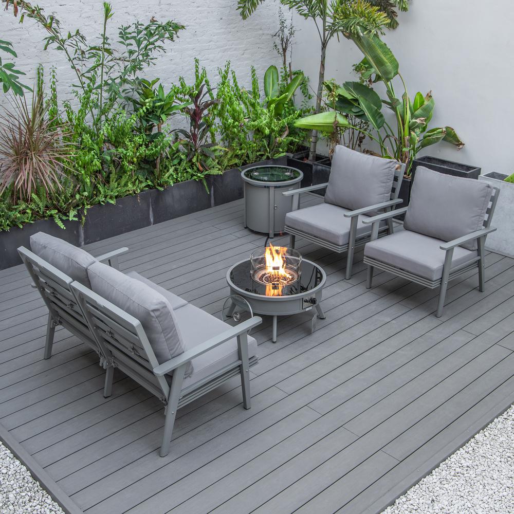 LeisureMod Walbrooke Modern Grey Patio Conversation With Round Fire Pit & Tank Holder, Grey. Picture 7