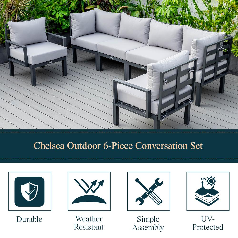 LeisureMod Chelsea 6-Piece Patio Sectional Black Aluminum With Cushions in Light Grey. Picture 34