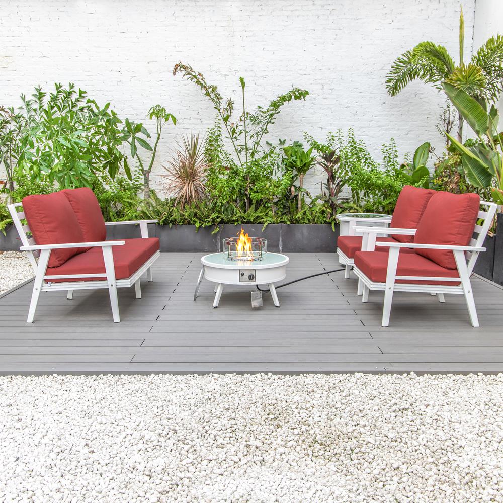 LeisureMod Walbrooke Modern White Patio Conversation With Round Fire Pit & Tank Holder, Red. Picture 7