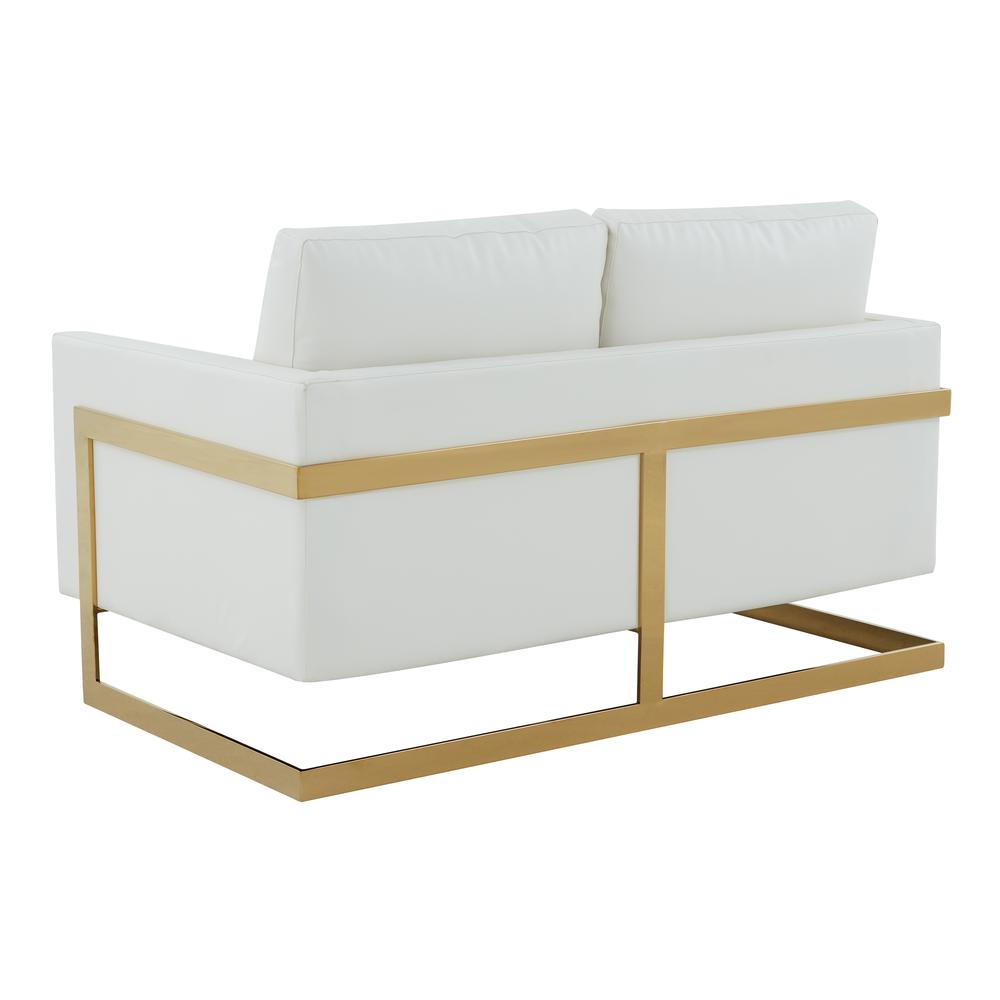 LeisureMod Lincoln Modern Mid-Century Upholstered Leather Loveseat with Gold Frame, White. Picture 3