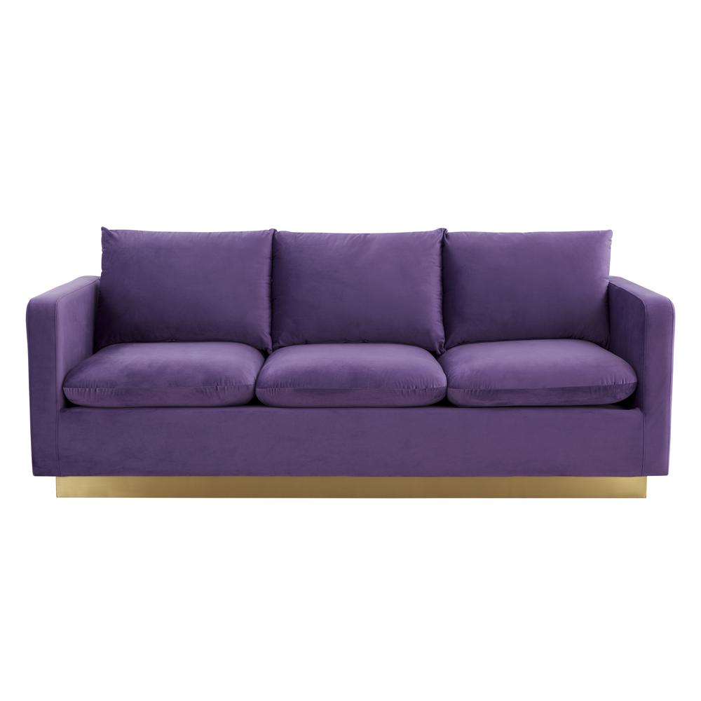LeisureMod Nervo Modern Mid-Century Upholstered Velvet Sofa with Gold Frame, Purple. Picture 1
