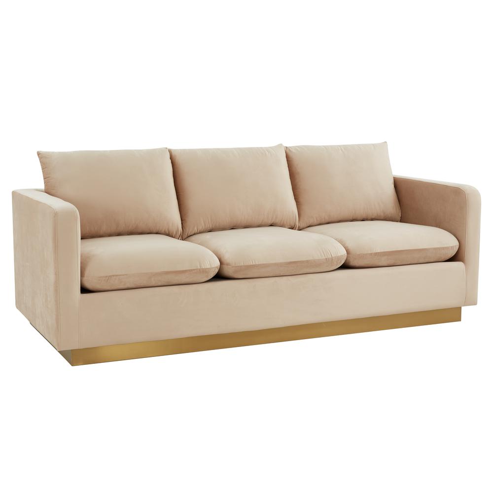 LeisureMod Nervo Modern Mid-Century Upholstered Velvet Sofa with Gold Frame, Beige. Picture 2