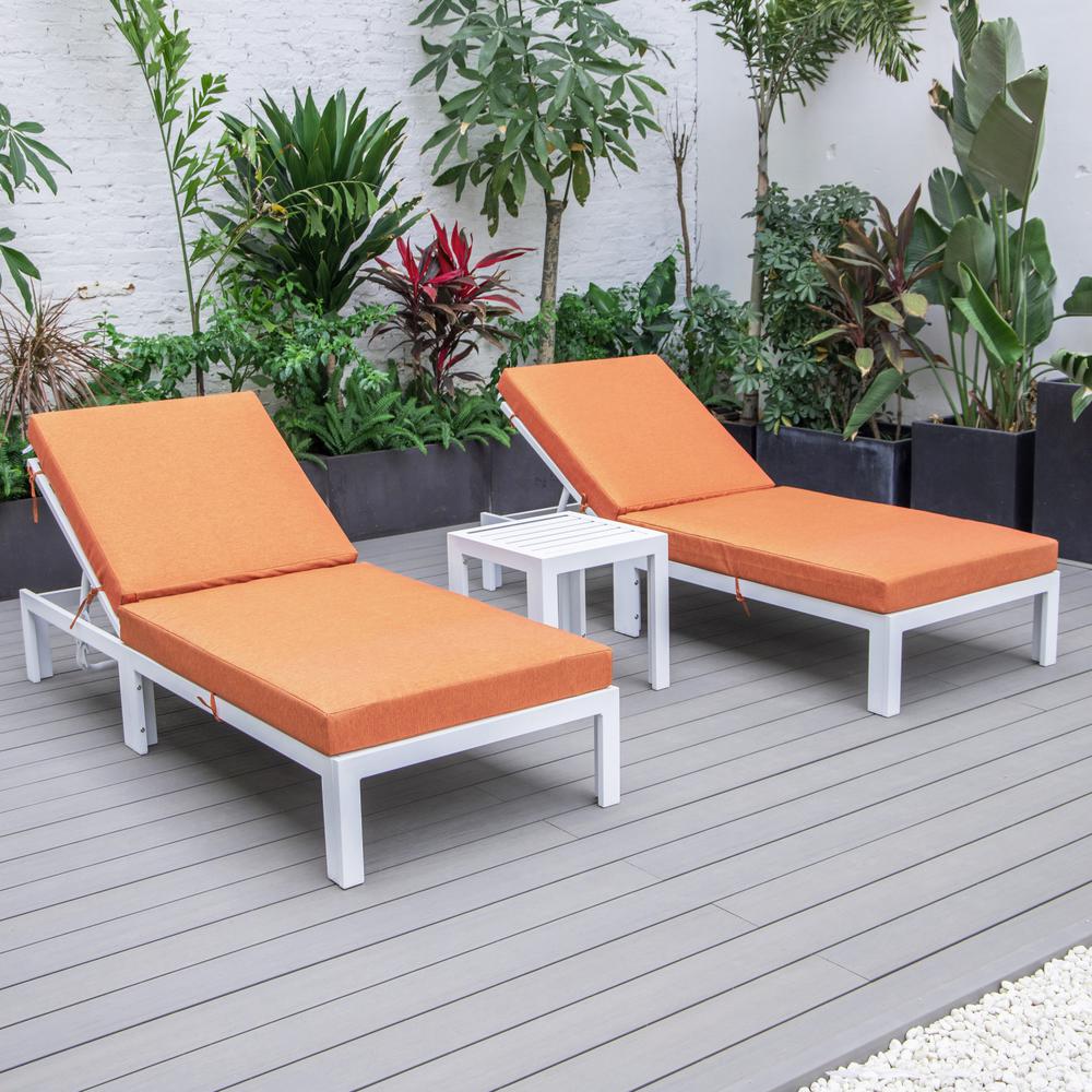 LeisureMod Chelsea Modern Outdoor White Chaise Lounge Chair Set of 2 With Side Table & Cushions Orange. Picture 3