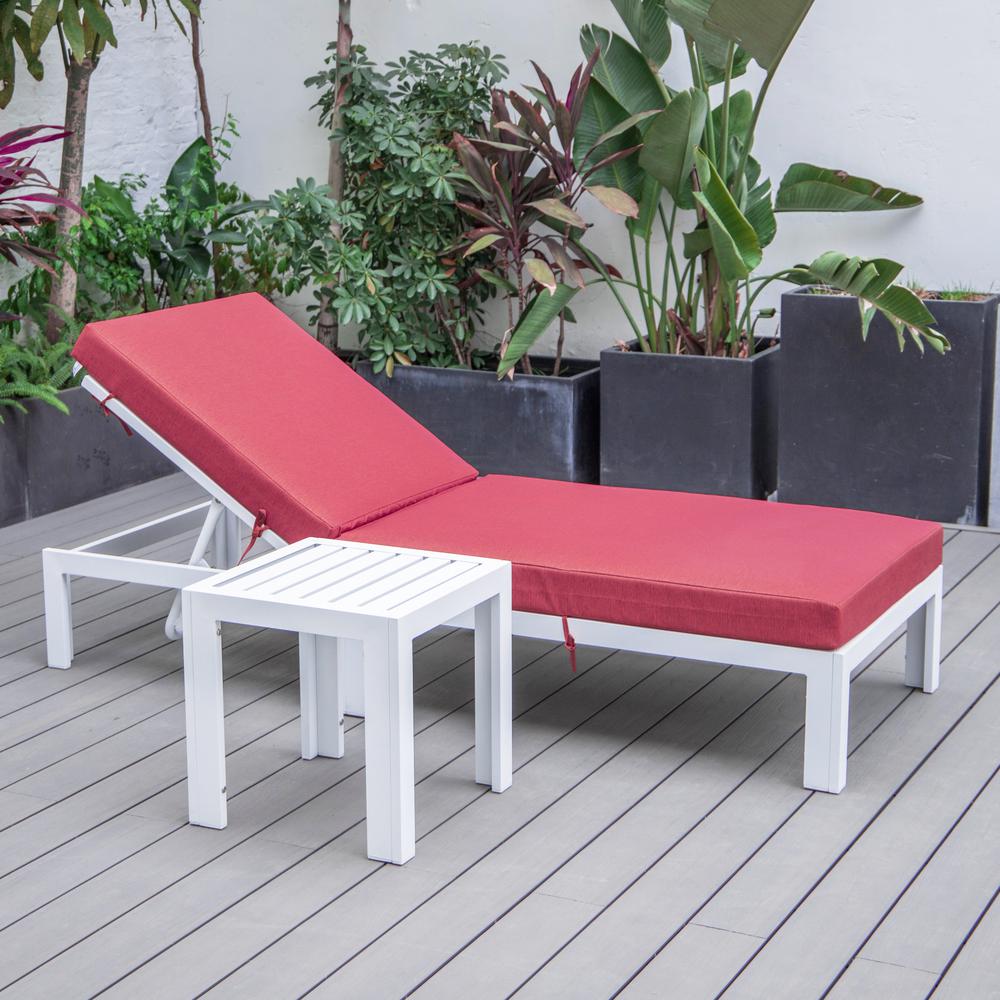 Chelsea Modern Outdoor White Chaise Lounge Chair With Side Table & Cushions. Picture 9