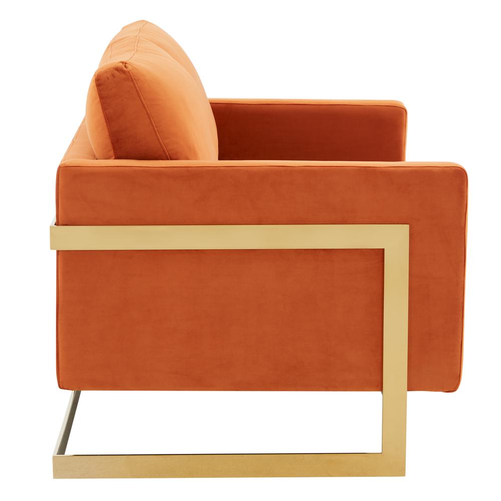 LeisureMod Lincoln Modern Mid-Century Upholstered Velvet Loveseat with Gold Frame, Orange Marmalade. Picture 4