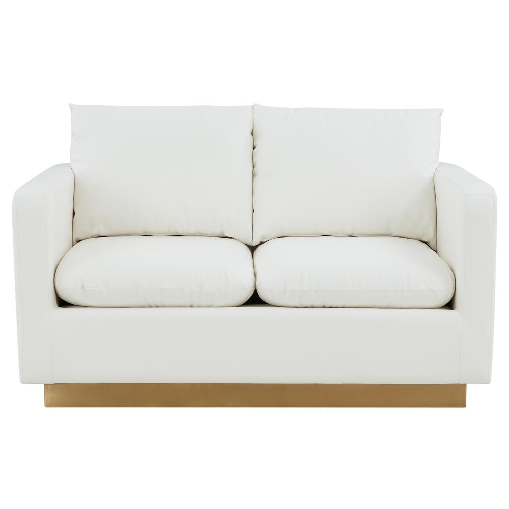 LeisureMod Nervo Modern Mid-Century Upholstered Leather Loveseat with Gold Frame, White. Picture 2