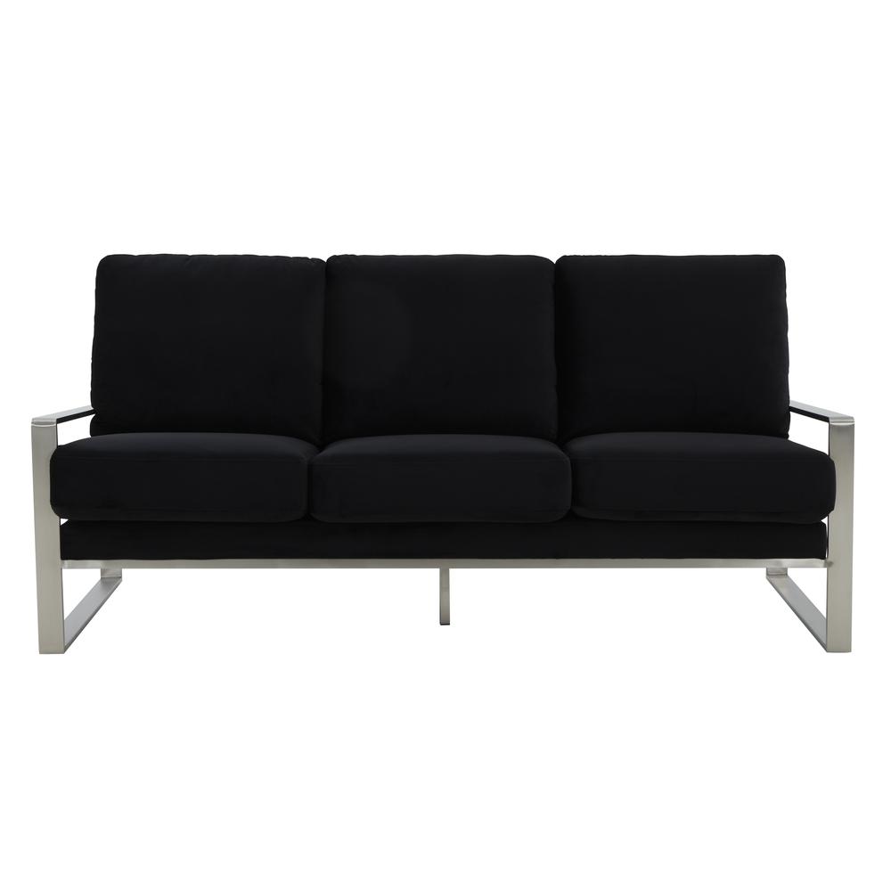 LeisureMod Jefferson Contemporary Modern Design Velvet Sofa With Silver Frame, Black. Picture 4