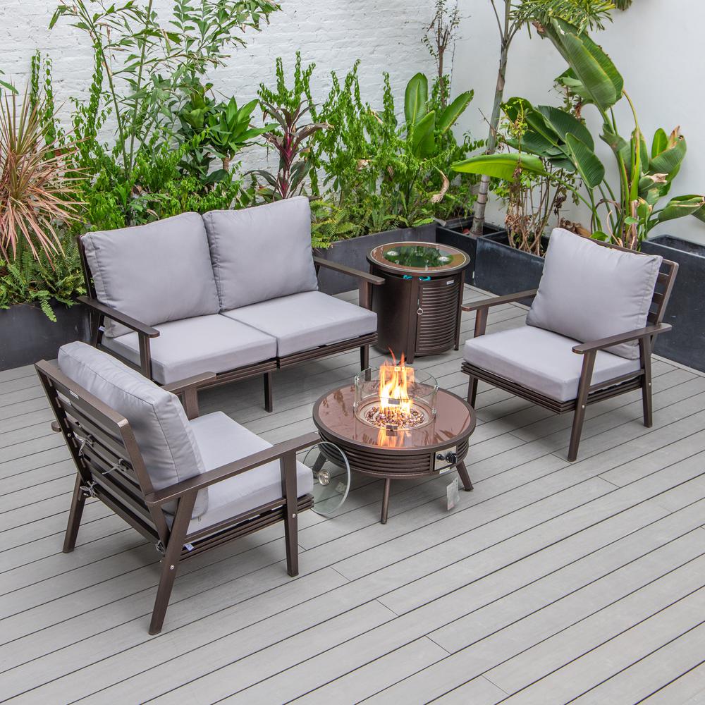LeisureMod Walbrooke Modern Brown Patio Conversation With Round Fire Pit With Slats Design & Tank Holder, Grey. Picture 1