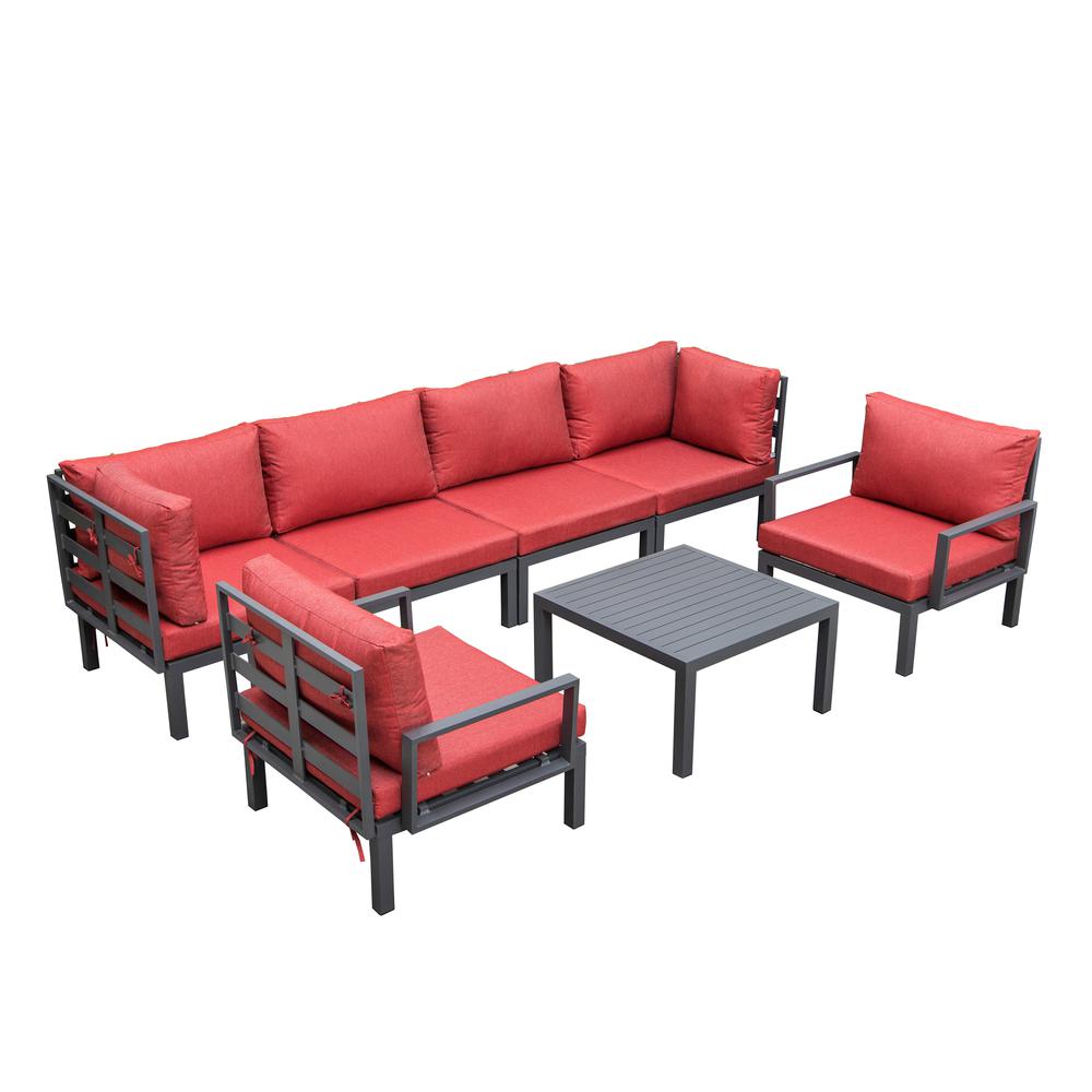 LeisureMod Hamilton 7-Piece Aluminum Patio Conversation Set With Coffee Table And Cushions Red. Picture 1