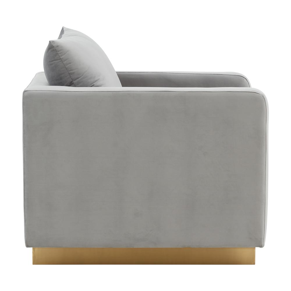 LeisureMod Nervo Velvet Accent Armchair With Gold Frame, Light Grey. Picture 4
