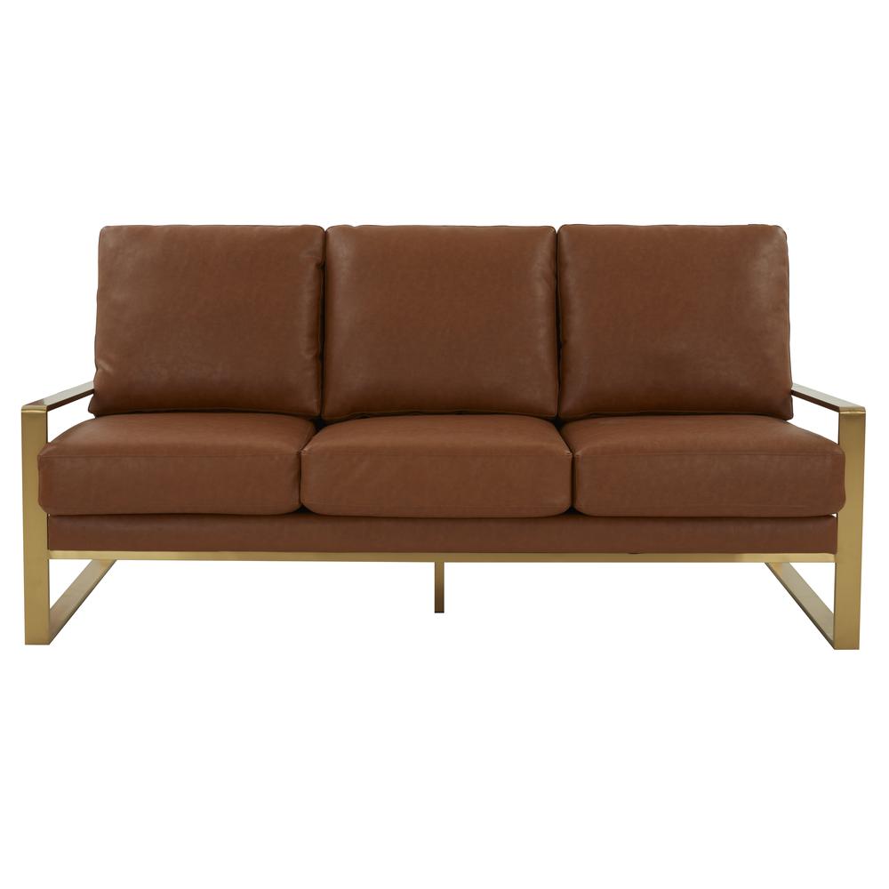 LeisureMod Jefferson Modern Design Leather Sofa With Gold Frame, Cognac Tan. Picture 6