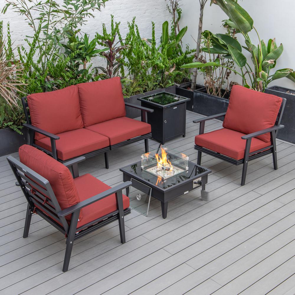 LeisureMod Walbrooke Modern Black Patio Conversation With Square Fire Pit & Tank Holder, Red. Picture 1