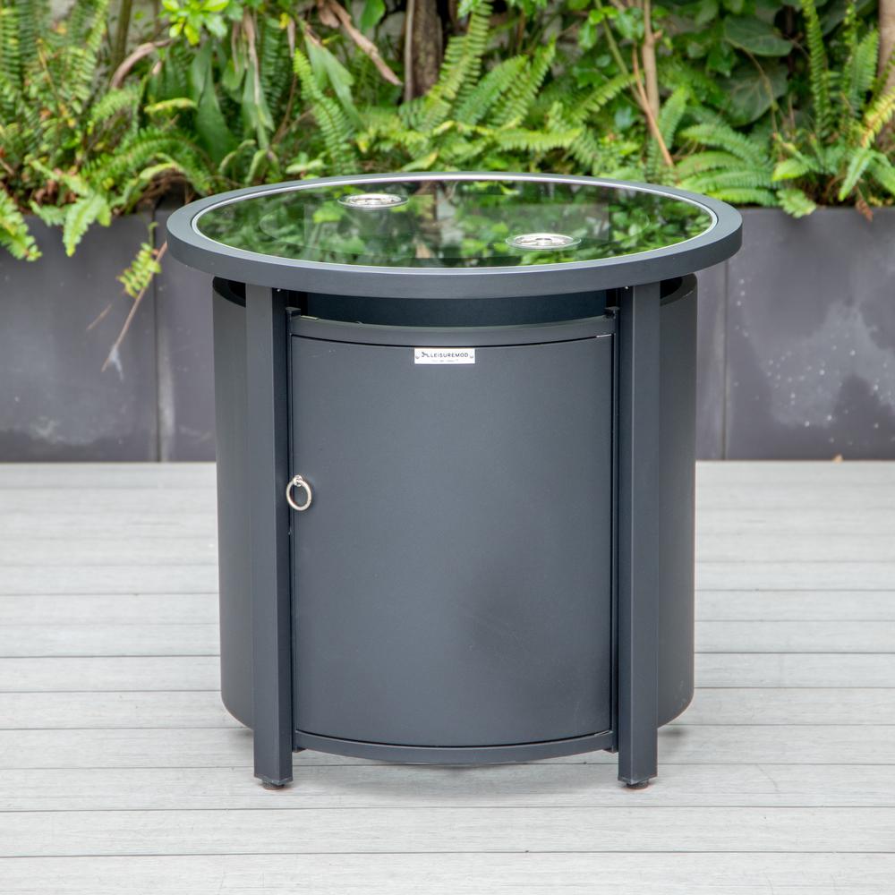 LeisureMod Walbrooke Modern Black Patio Conversation With Round Fire Pit & Tank Holder, Charcoal. Picture 3