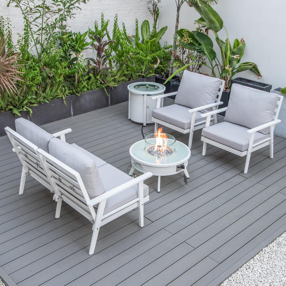LeisureMod Walbrooke Modern White Patio Conversation With Round Fire Pit With Slats Design & Tank Holder, Light Grey. Picture 7