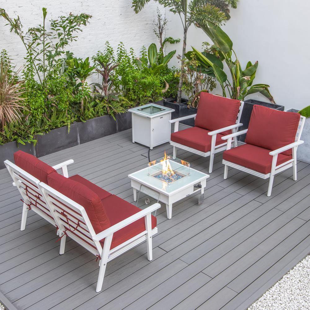 LeisureMod Walbrooke Modern White Patio Conversation With Square Fire Pit & Tank Holder, Red. Picture 7