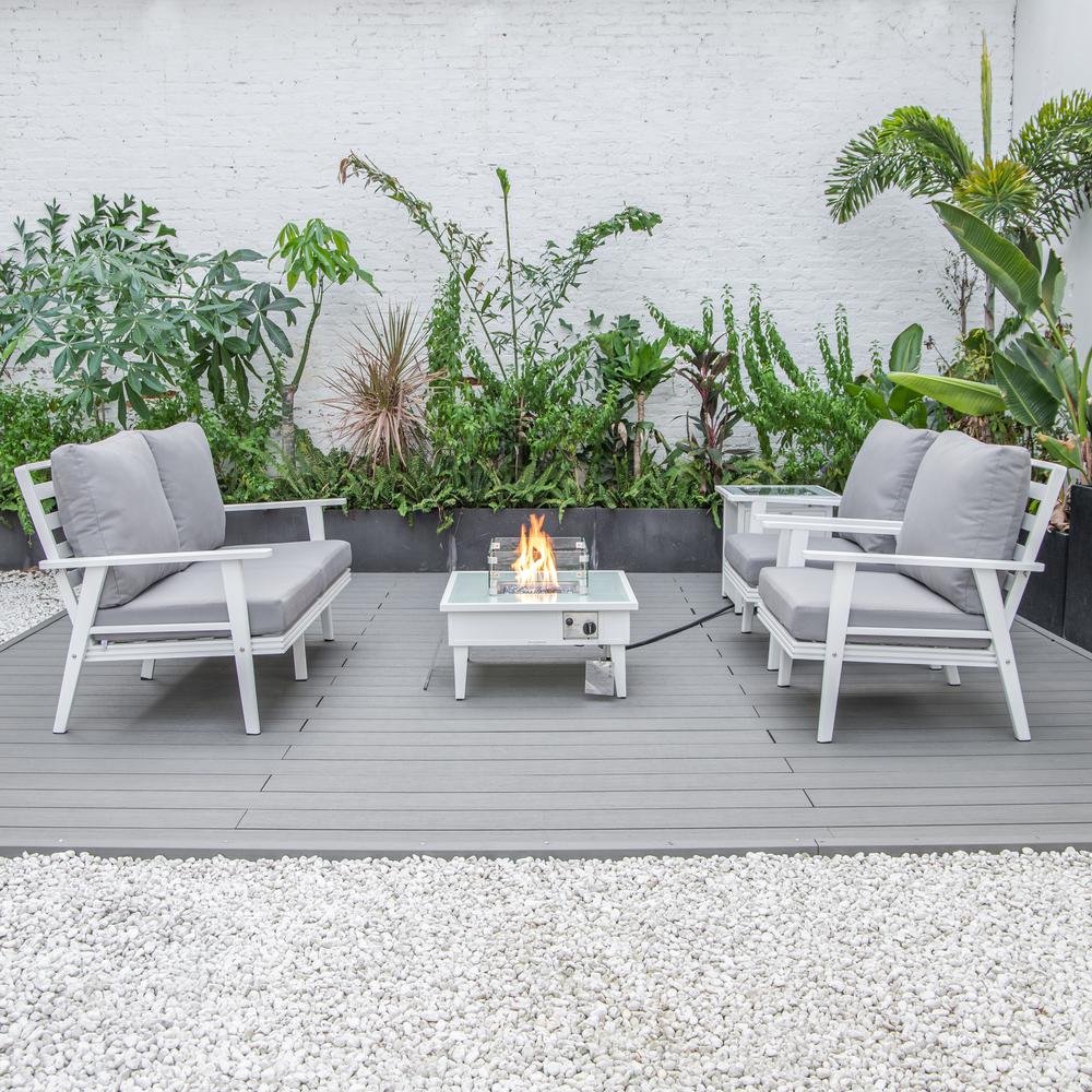LeisureMod Walbrooke Modern White Patio Conversation With Square Fire Pit & Tank Holder, Grey. Picture 9