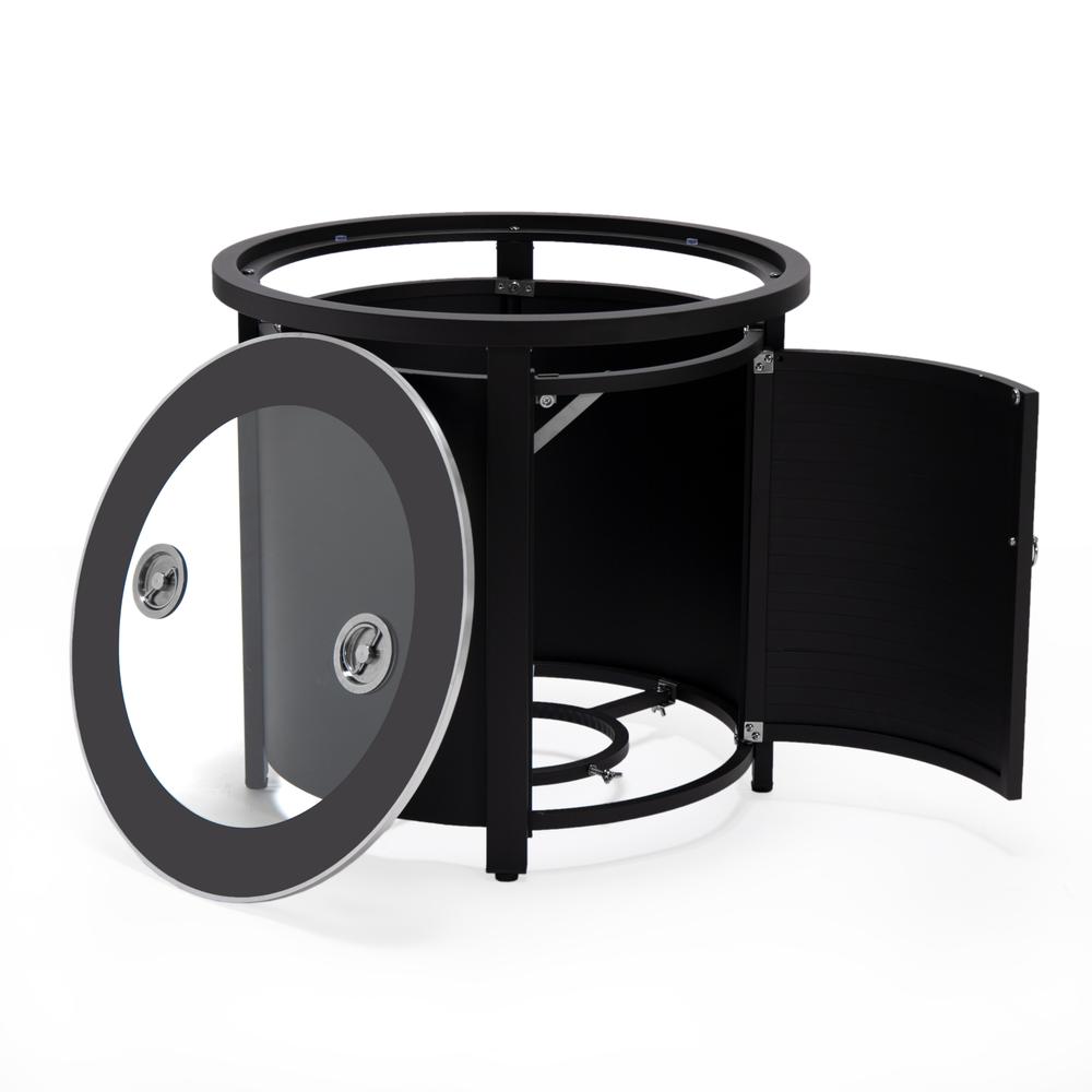 LeisureMod Walbrooke Modern Black Patio Conversation With Round Fire Pit With Slats Design & Tank Holder, Green. Picture 13